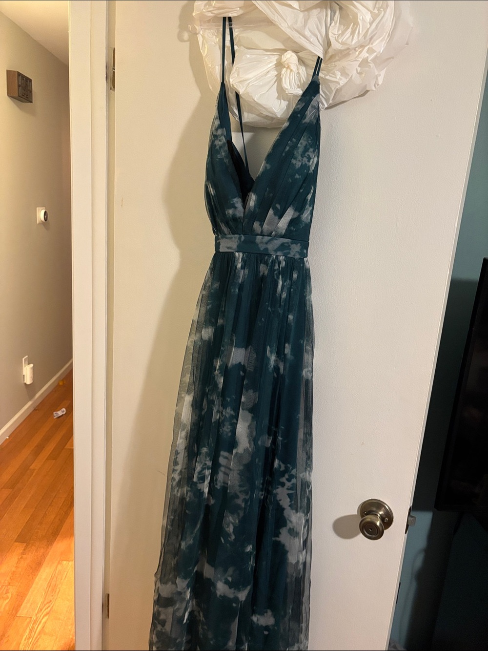 Lulu's Teal and White Tie-Dye Deep V Maxi Dress